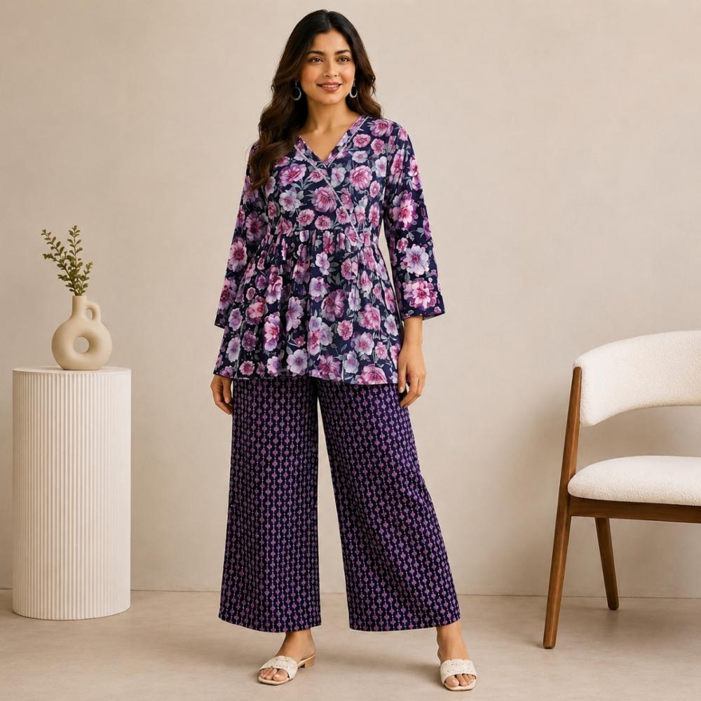 Womenâs Pure Cotton Angrakha Floral Co-Ord Set
