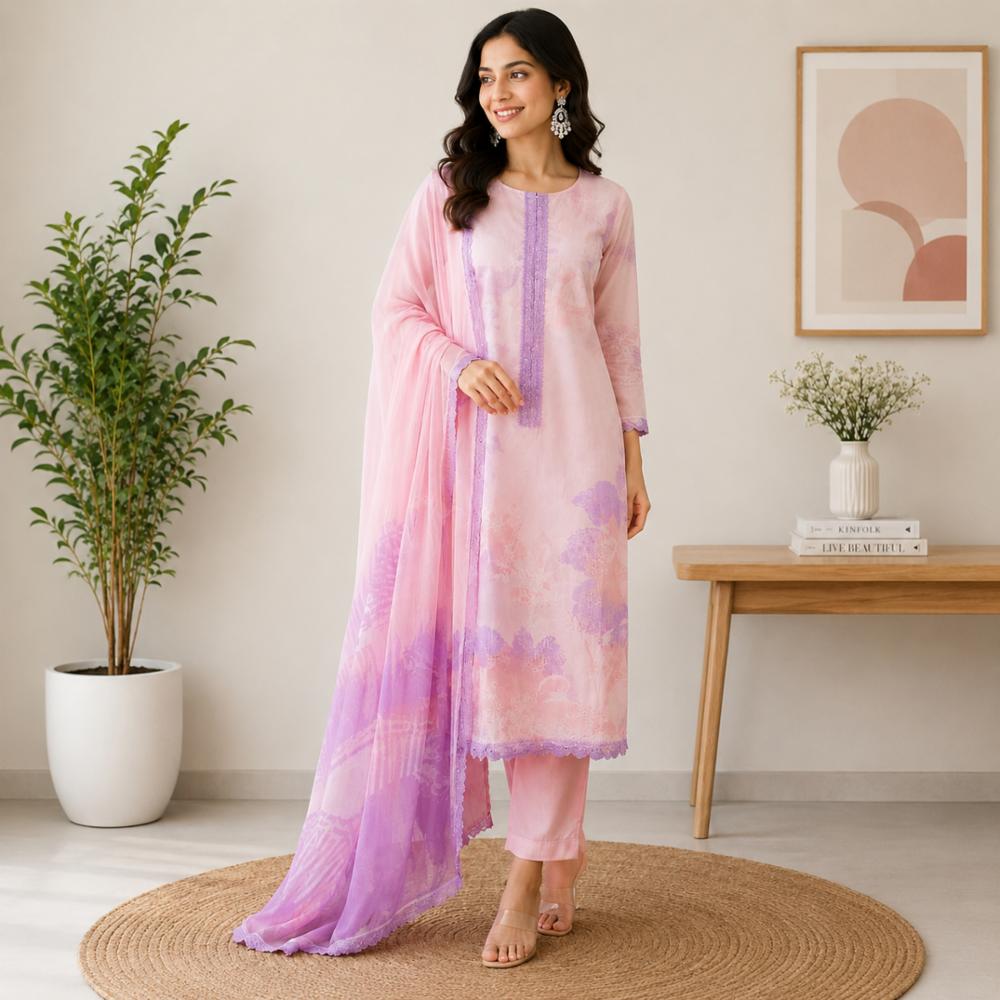 Cotton Unstitched Suit with Pure Dupatta and Embroidered Neckline