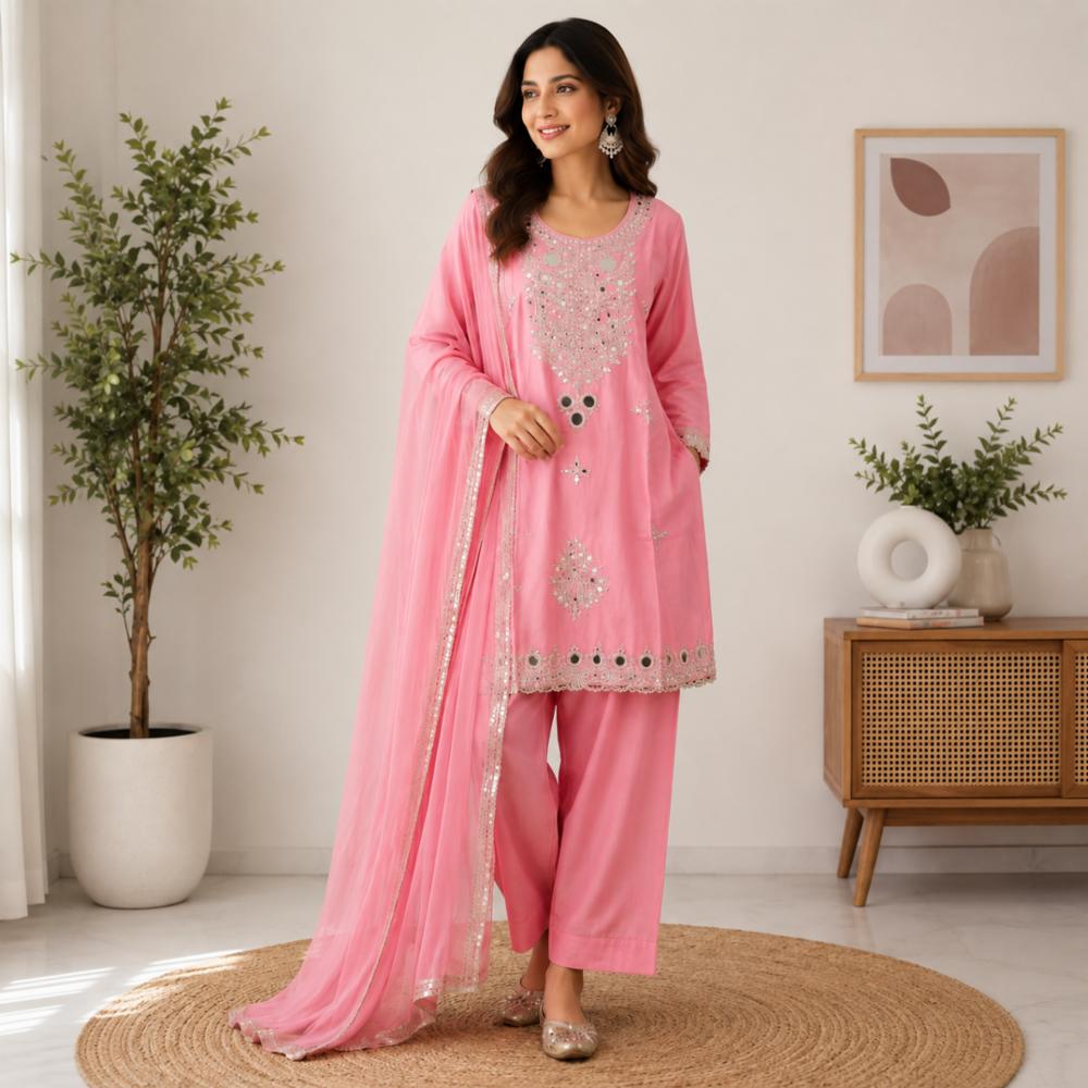 Stitched Cotton Silk Suit Set with Mirror Work