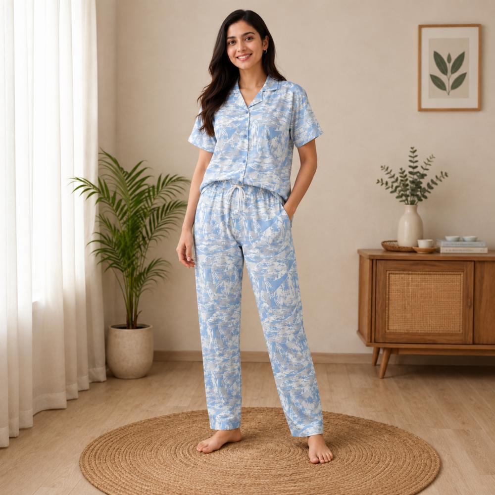 Pure Cotton Collar Style Nightsuit with Shirt and Bottom