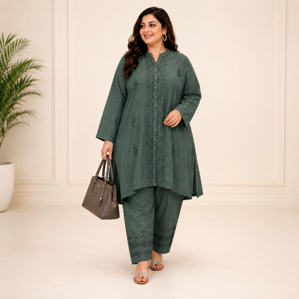 Rayon Embroidery Front Open Cord-set with Bottom & Pockets