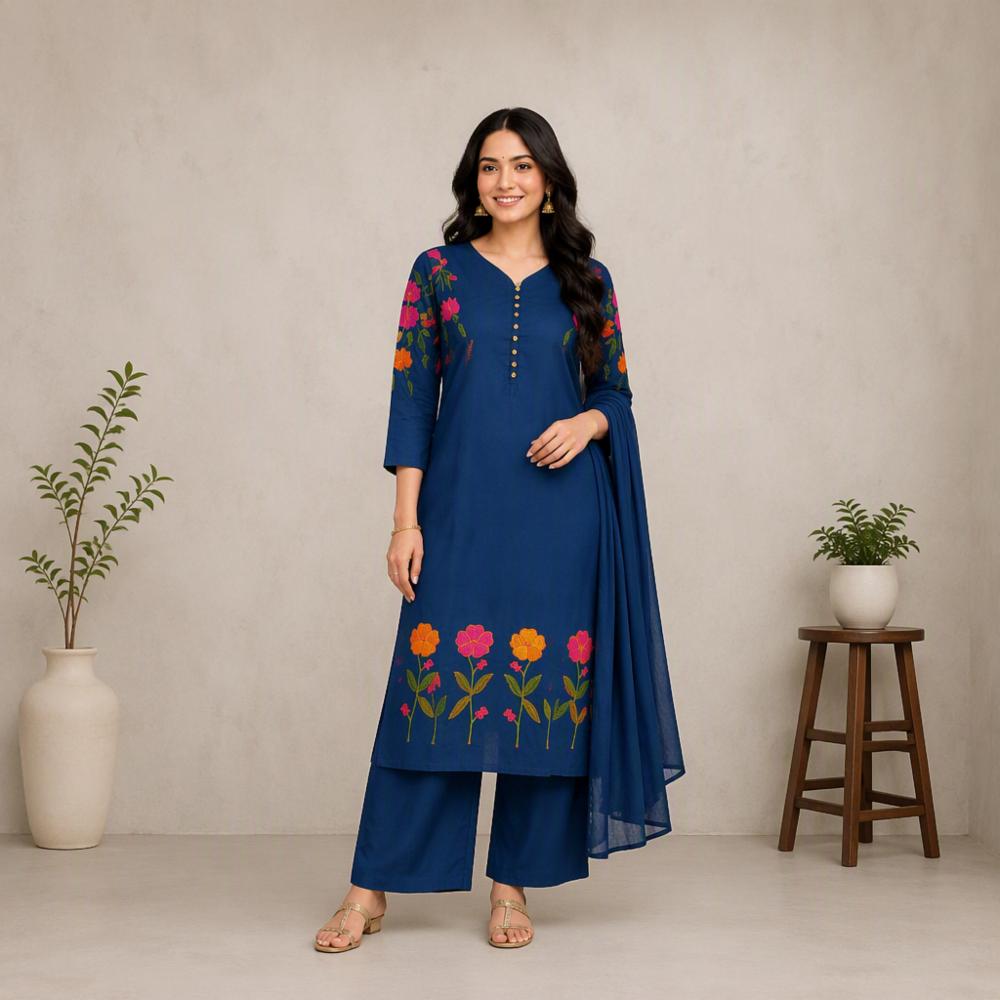 Womenâs Pure Cotton Embroidered Kurta Palazzo with Dupatta