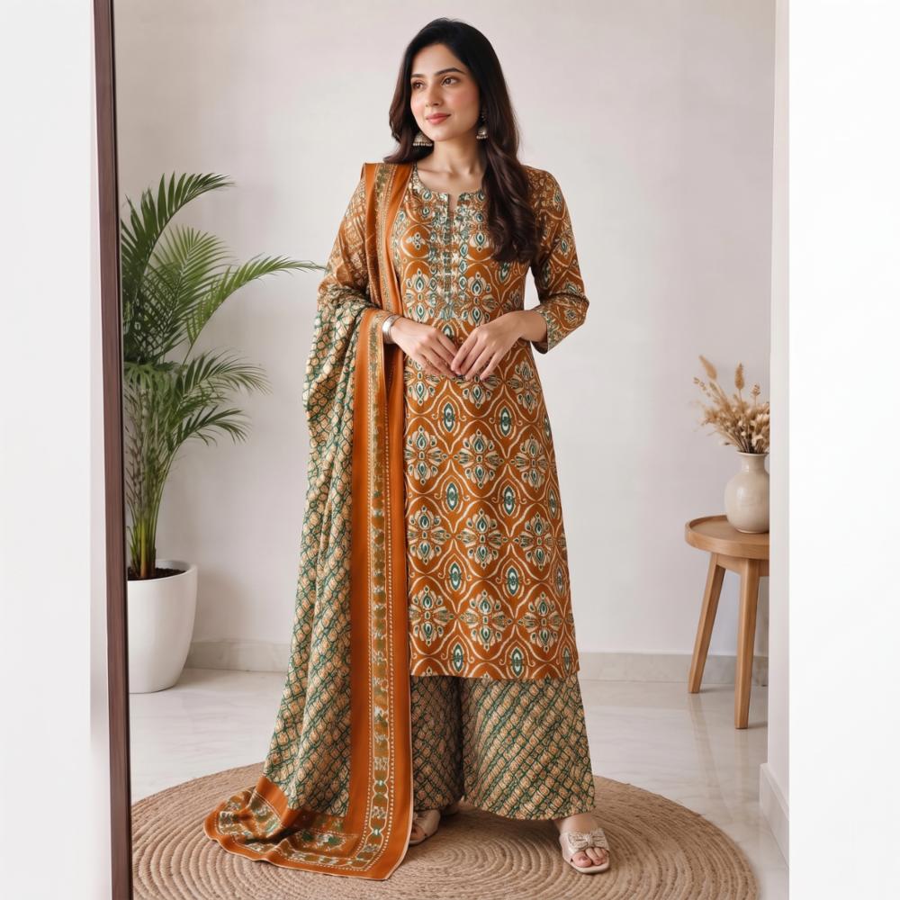 Womenâs Pure Cotton 3-Piece Suit Set with Designer Neck and Printed Palazzo Dupatta