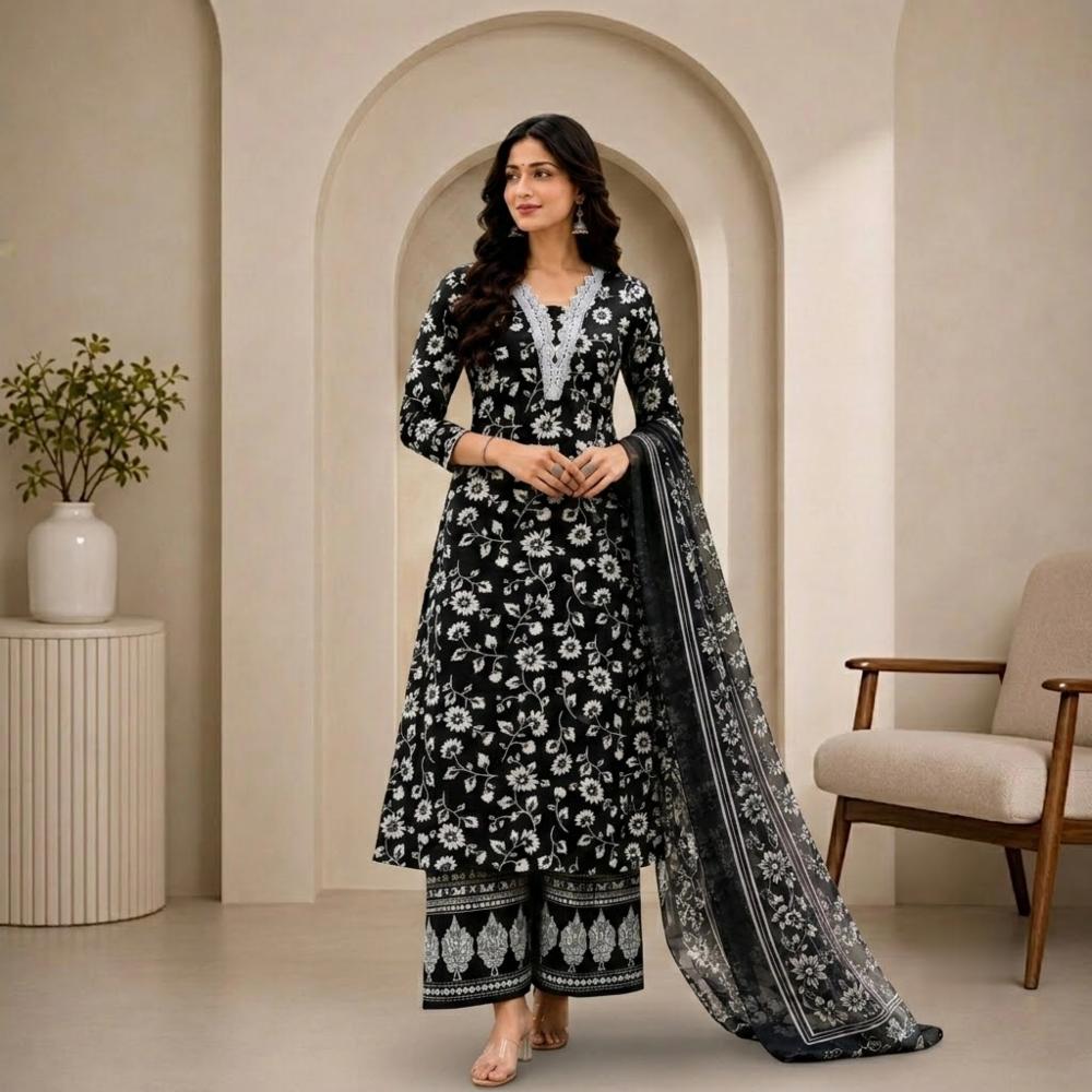 Floral Printed Kurta Palazzo Set with Lace Neck & Dupatta