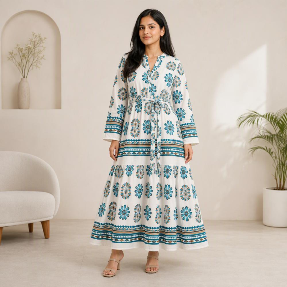 Designer Beautiful Print Cotton Dress with Adjustable Belt