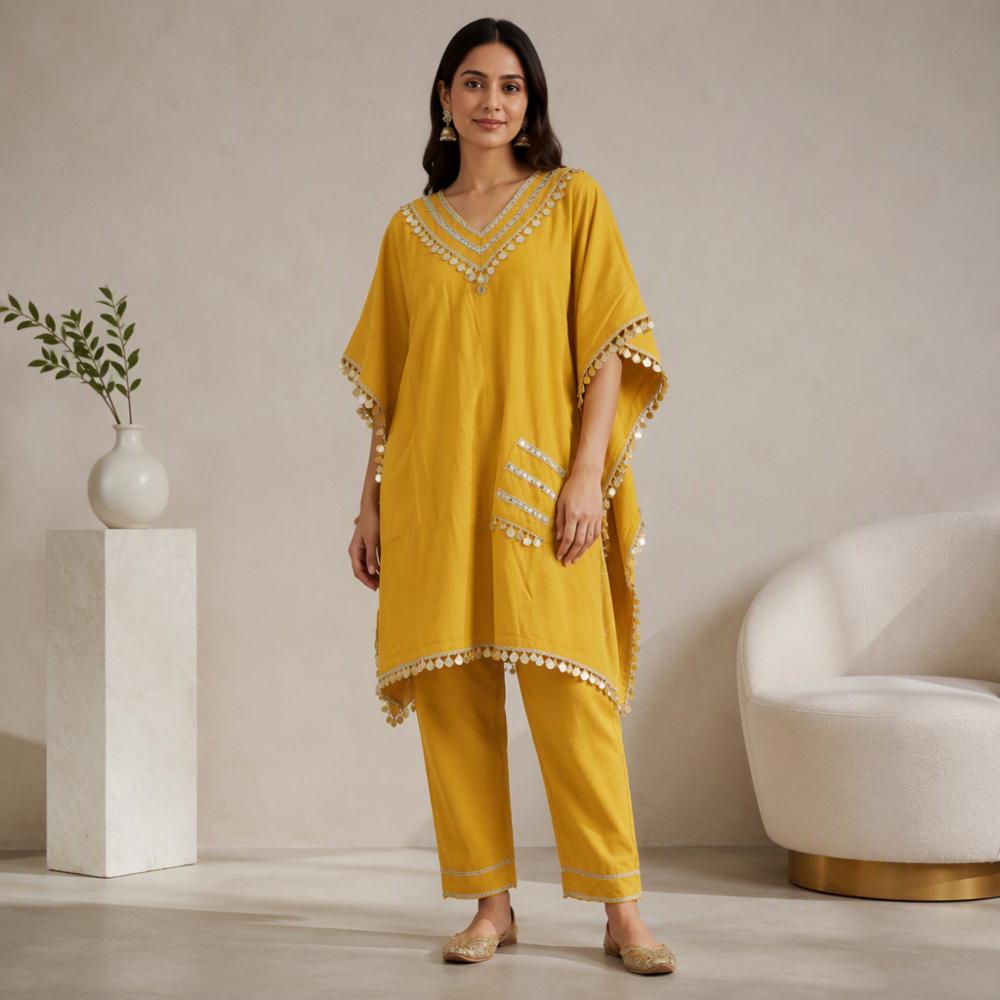 Designer Roman Silk Kaftan Set with Mirror Golden Lace