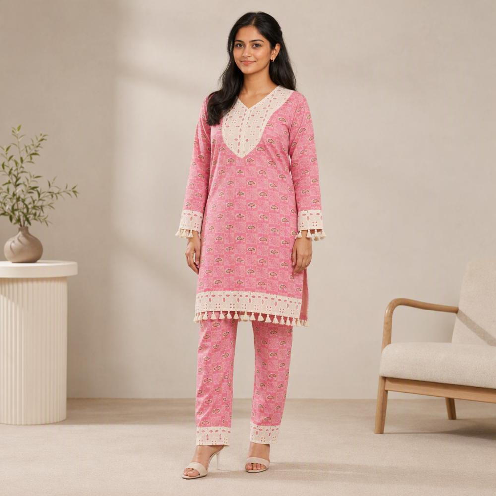 Women's Pink Printed Rayon Cotton Kurta Pant Set