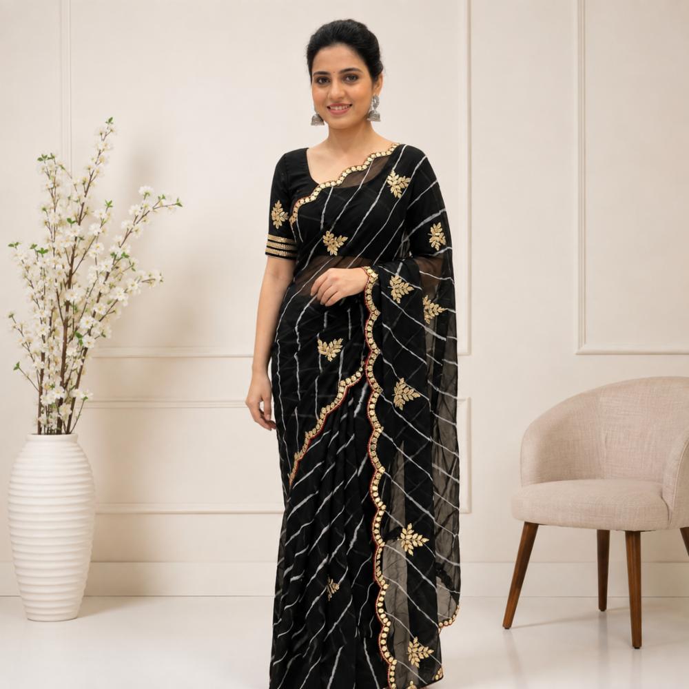 Half Pure Chiffon Handwork Lehriya Saree with Blouse