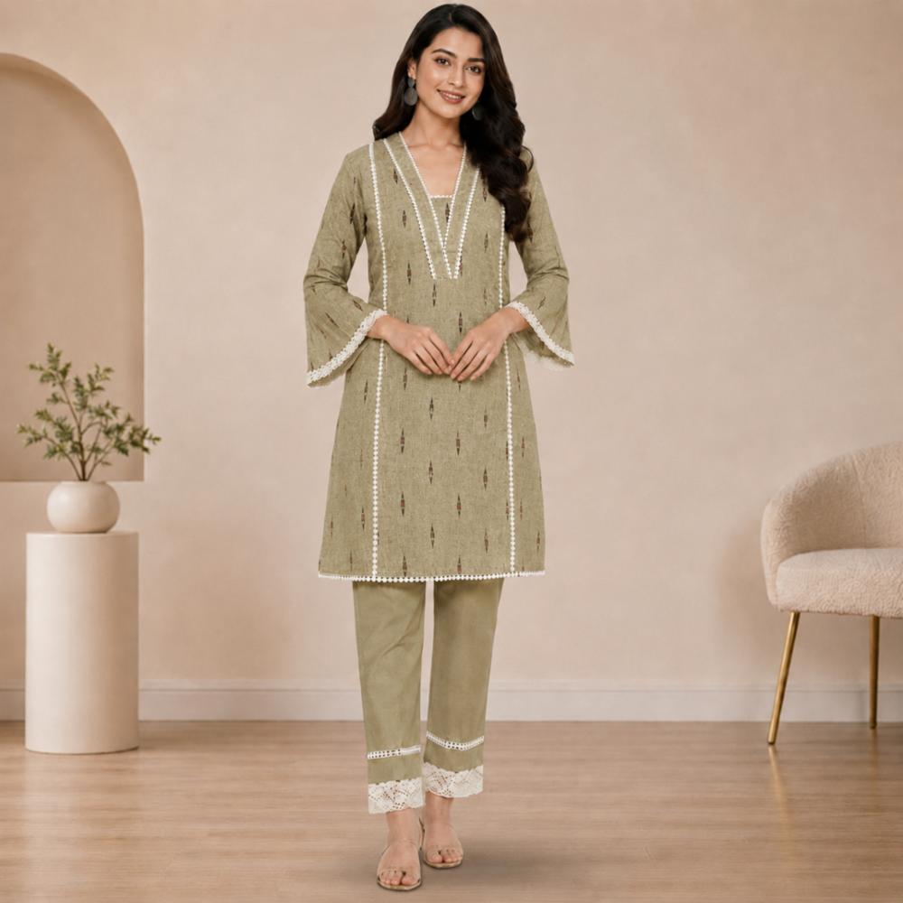 Pure Cotton Co-Ord Kurta Set with Sparkle & Brush Print