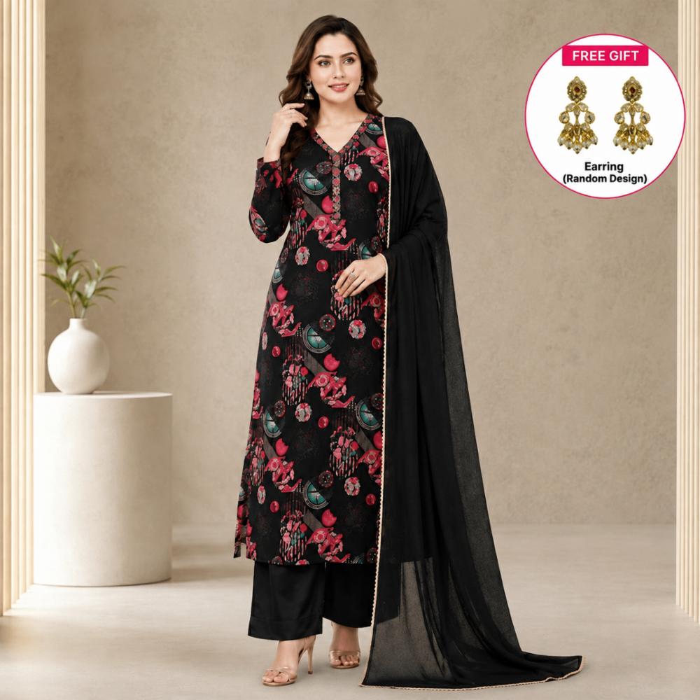 Suit Set with Handwork Neckline & Chiffon Dupatta