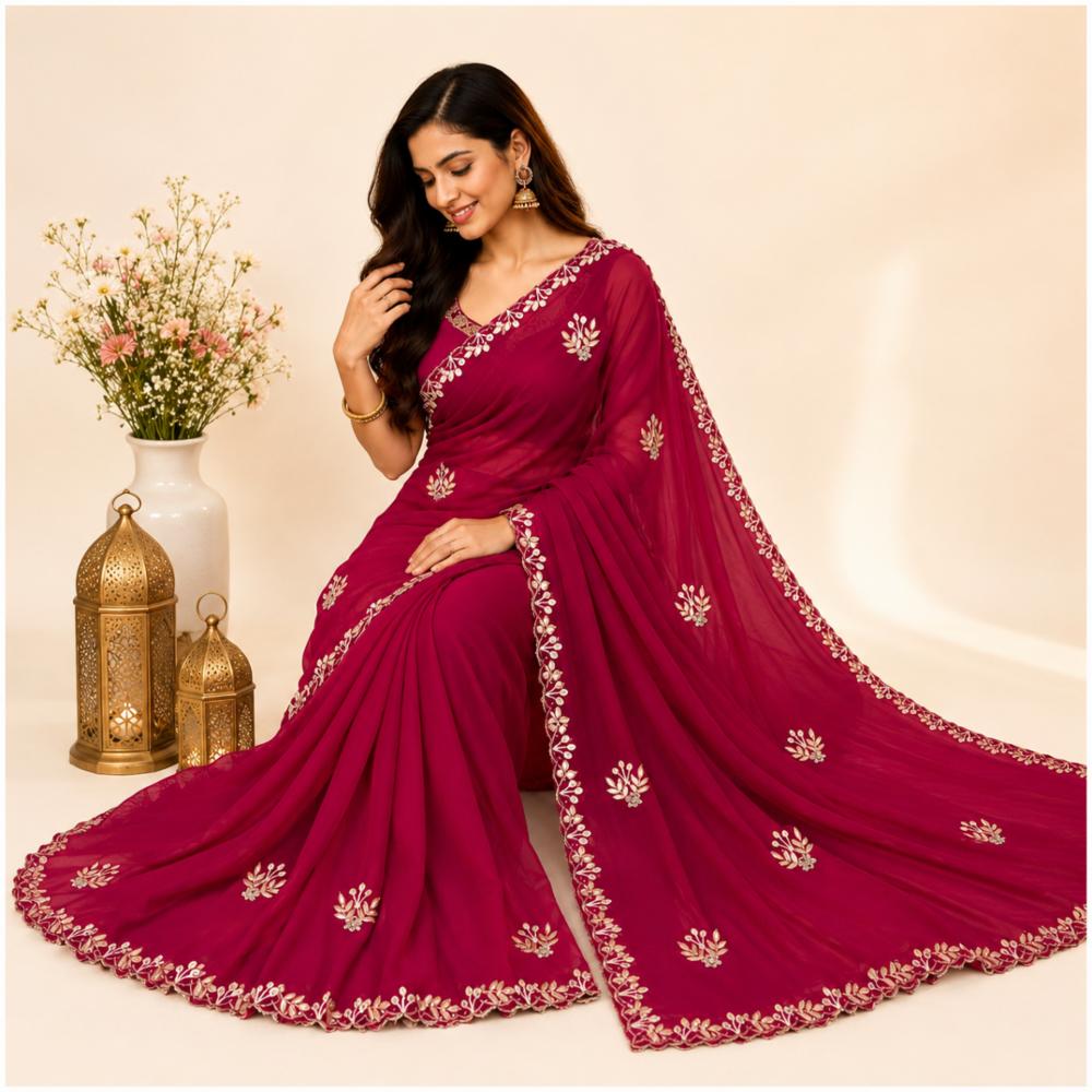 Royal Georgette Saree with Fancy Handwork and Cutwork Border