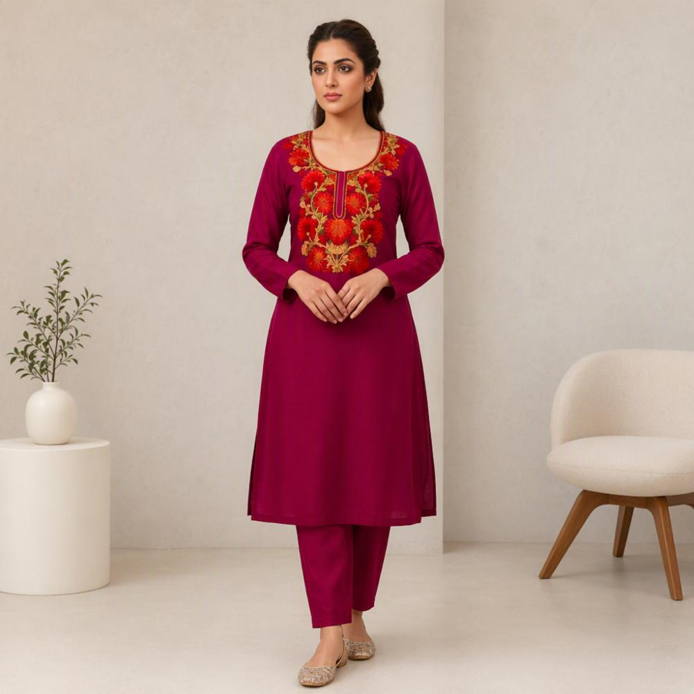 Cotton Short Kurti With Kashmiri Aari Work