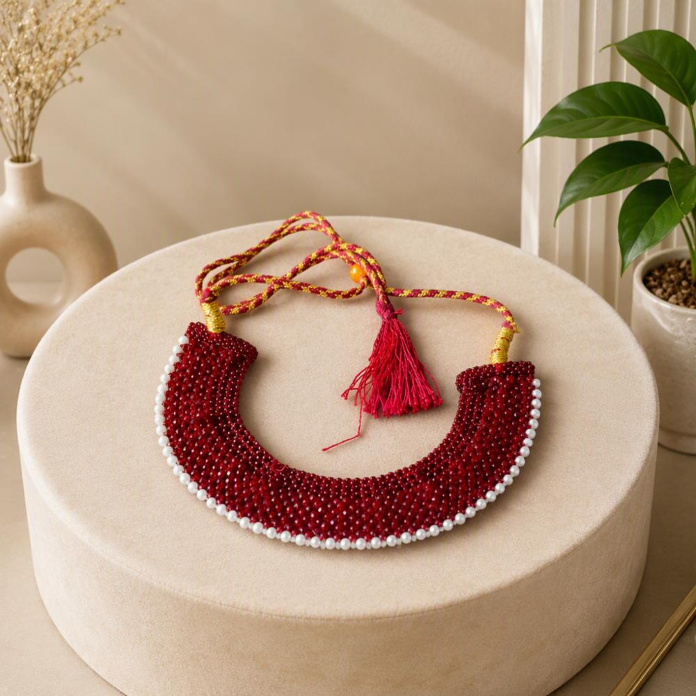 Red Crystal Beaded Choker Necklace with Pearl Border and Tassel for Women