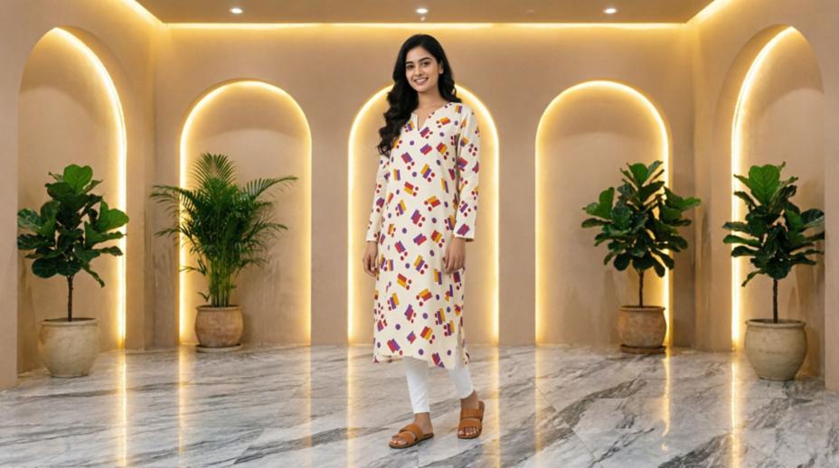 Cream Geometric Print Kurta/Dress