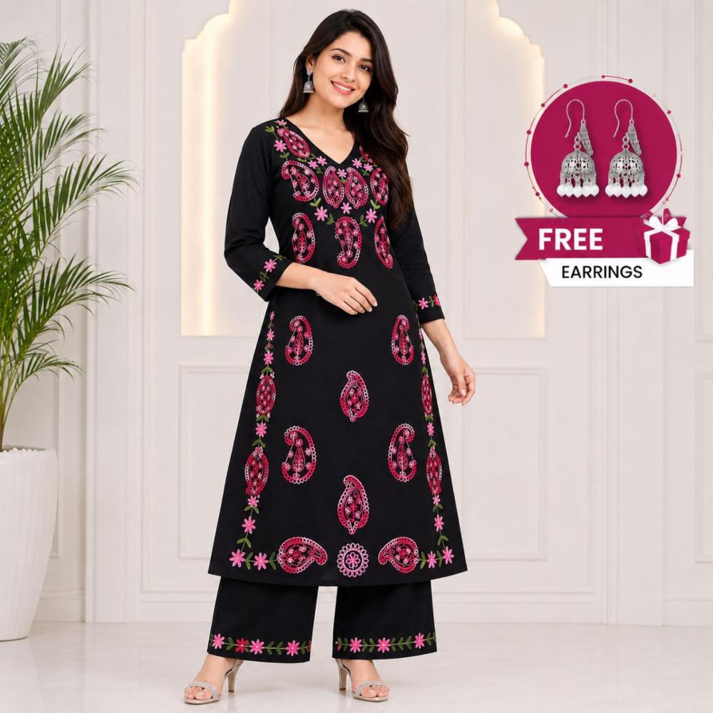 Cotton Flex Embroidered Kurta Palazzo Set With Thread Work