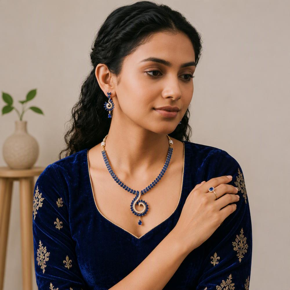 Women's Blue Stone Studded Gold-Plated Choker Necklace Set with Earrings and Ring