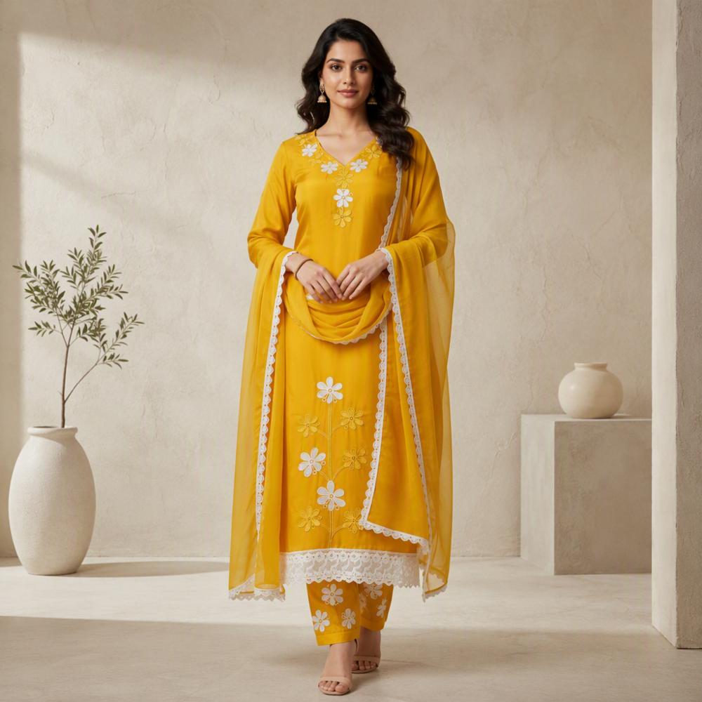 Satin Silk Unstitched Suit Set with Thread Work & Dupatta