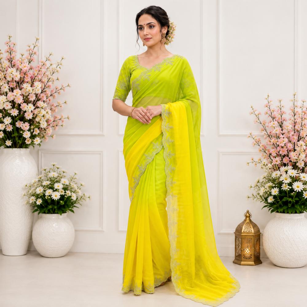 Half Pure Chiffon Saree with Multi Shaded Box Print and Handwork Border