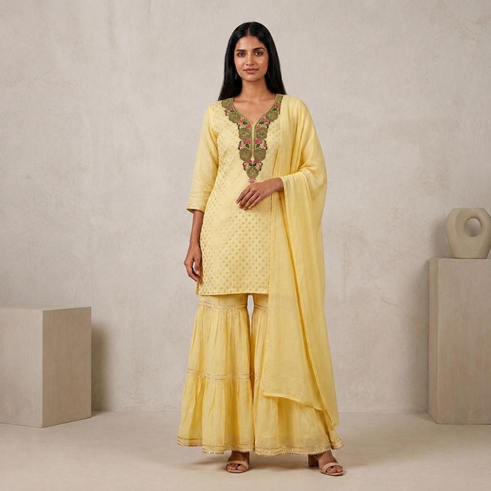 Pure Chinon Handwork Unstitched Suit with Sharara and Dupatta
