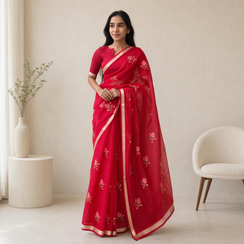 Soft Kota Doria Silk Saree with Floral Embroidery