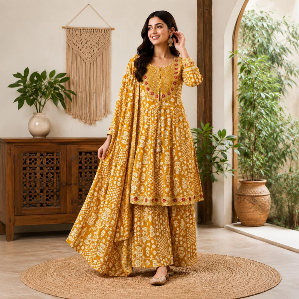 Stitched Garara Suit with Neck and Border Embroidery