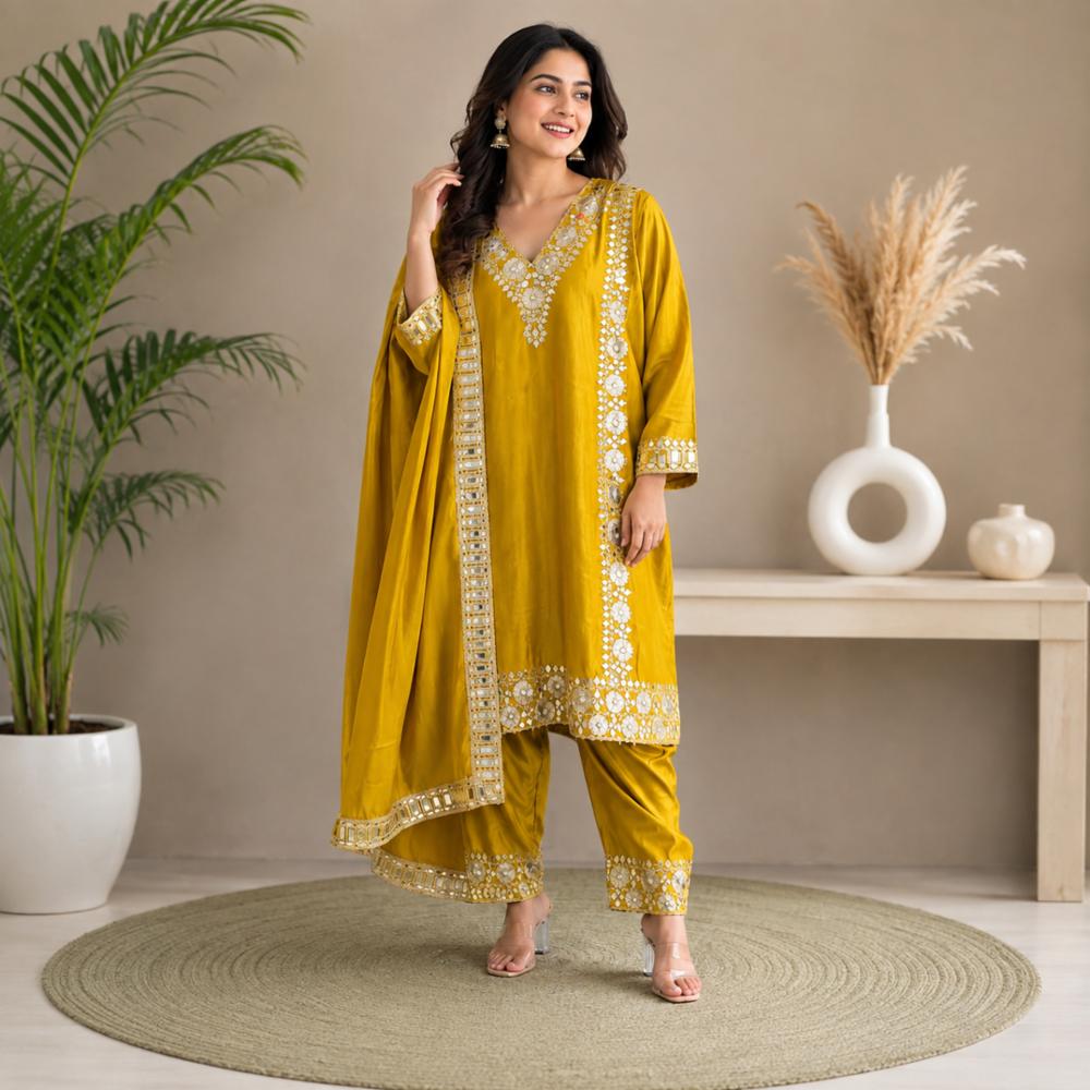 Stitched Cotton Silk Farshi Salwar Suit with Embroidered Dupatta 