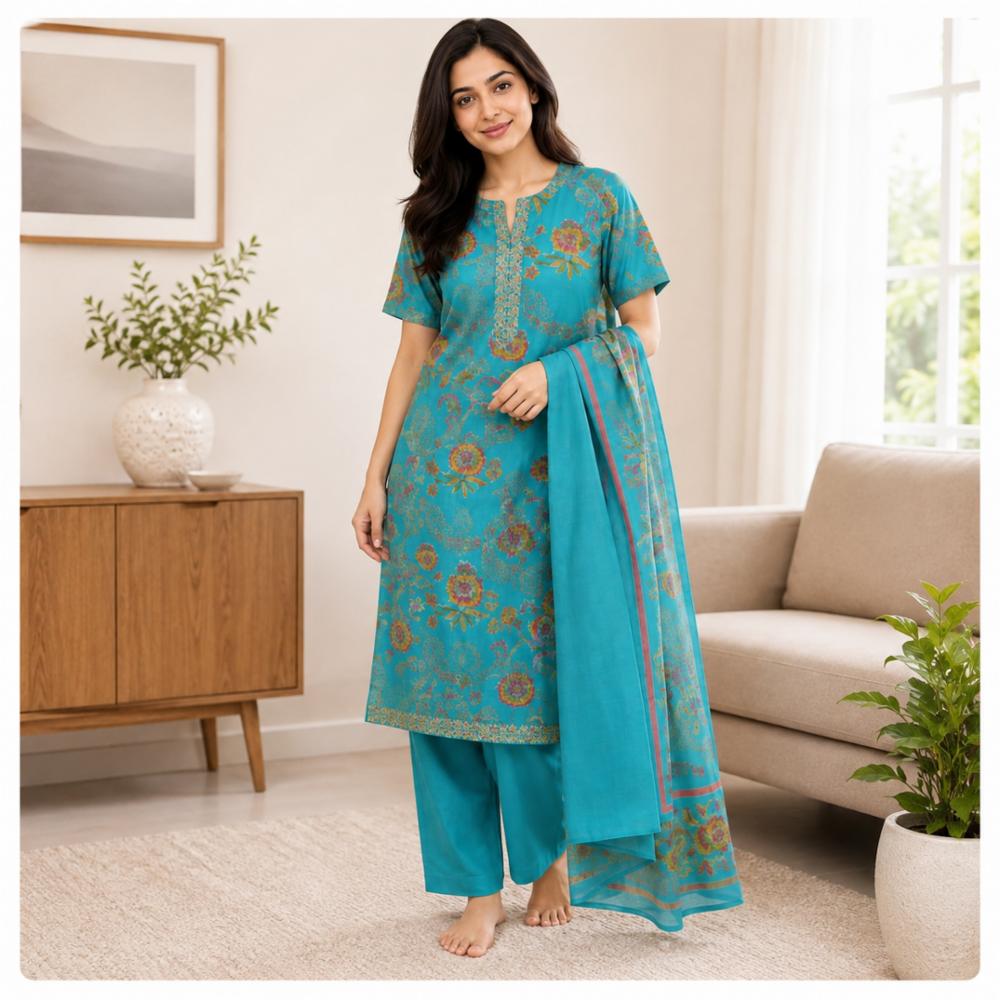 Unstitched muslin Cotton Suit with Self Print Shirt, Plain Bottom & Floral Dupatta