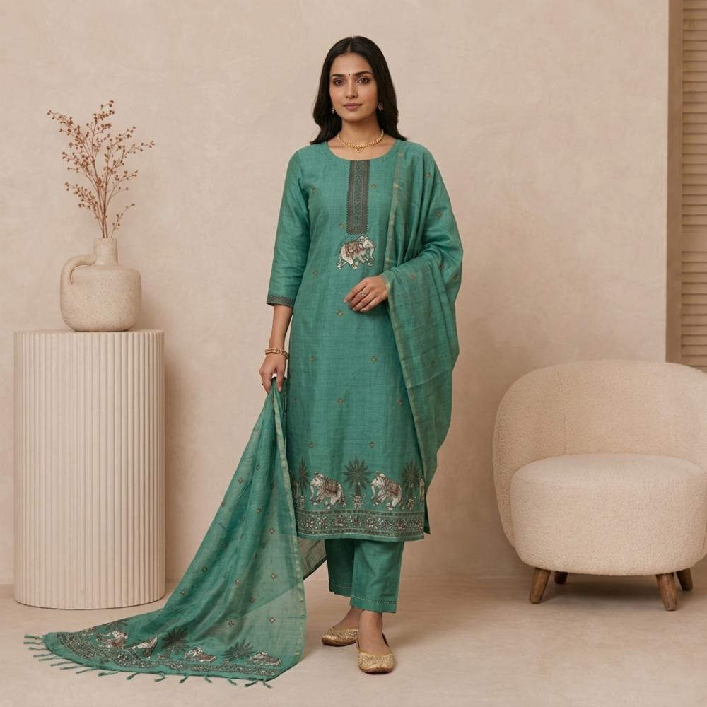 Muga Cotton Jamdani Pichwai Weaving Salwar Suit Dress Material