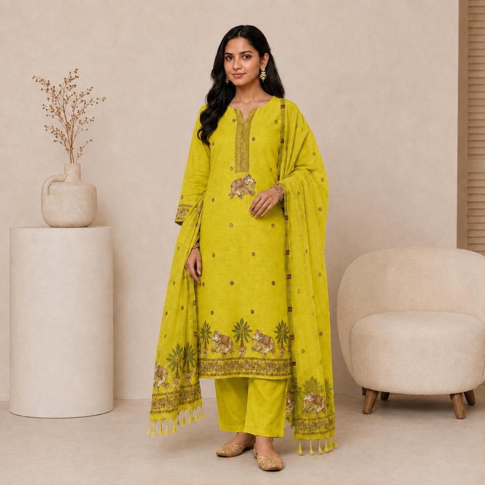 Muga Cotton Jamdani Pichwai Banarasi Zari Weaving Dress Material