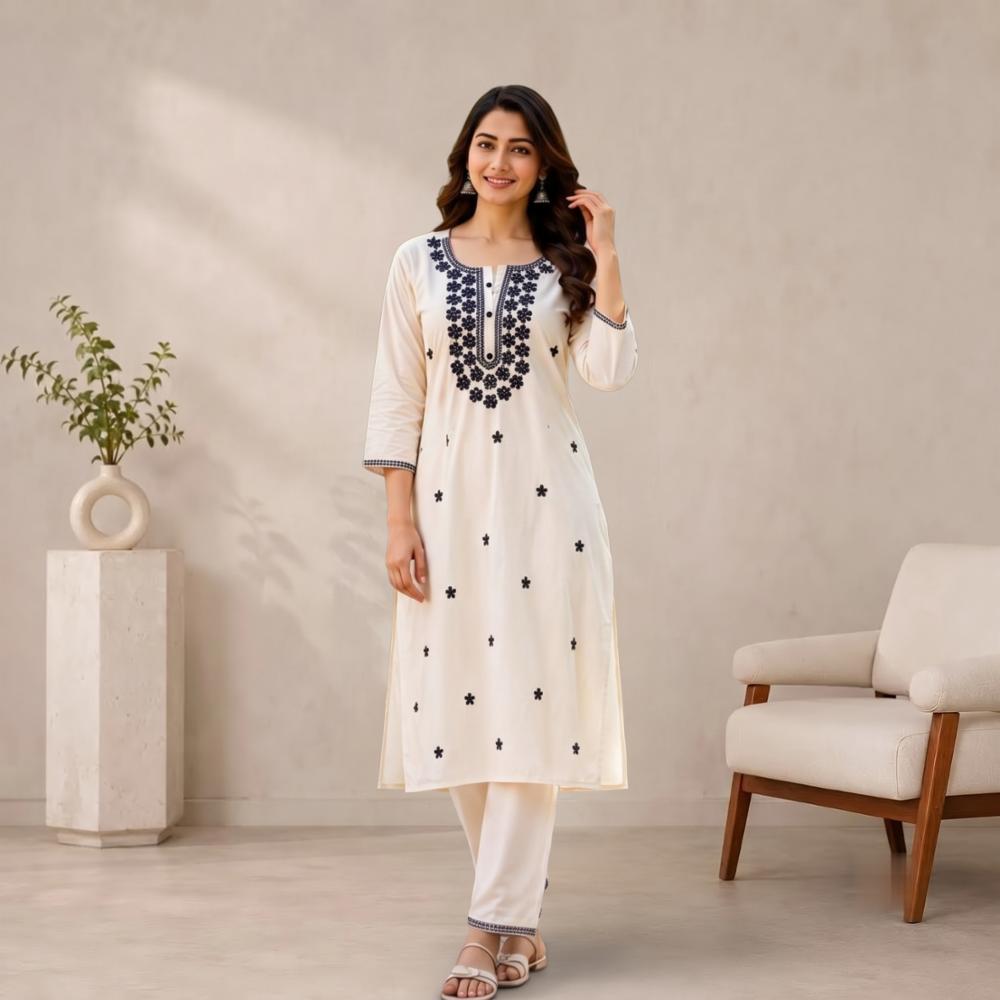 Cotton Blend Floral Embroidery Kurta Pant Set for Women