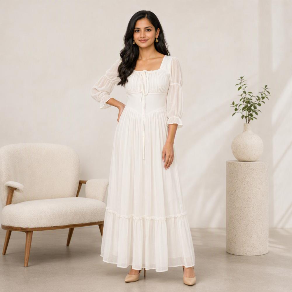 White Ruched Square Neck Maxi Dress with Sheer Sleeves
