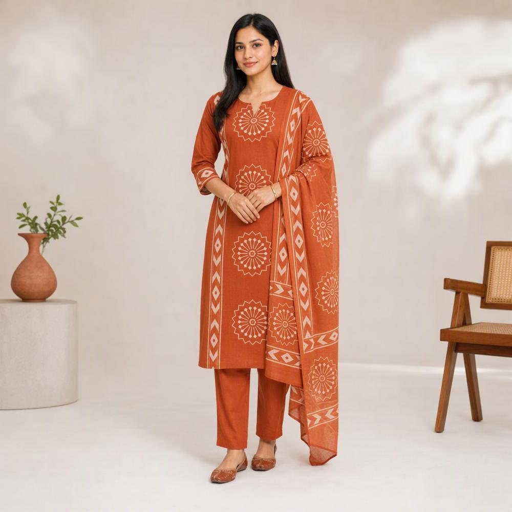 Women's Premium 60s Cotton Jaipuri Print Kurta Pant Dupatta Set