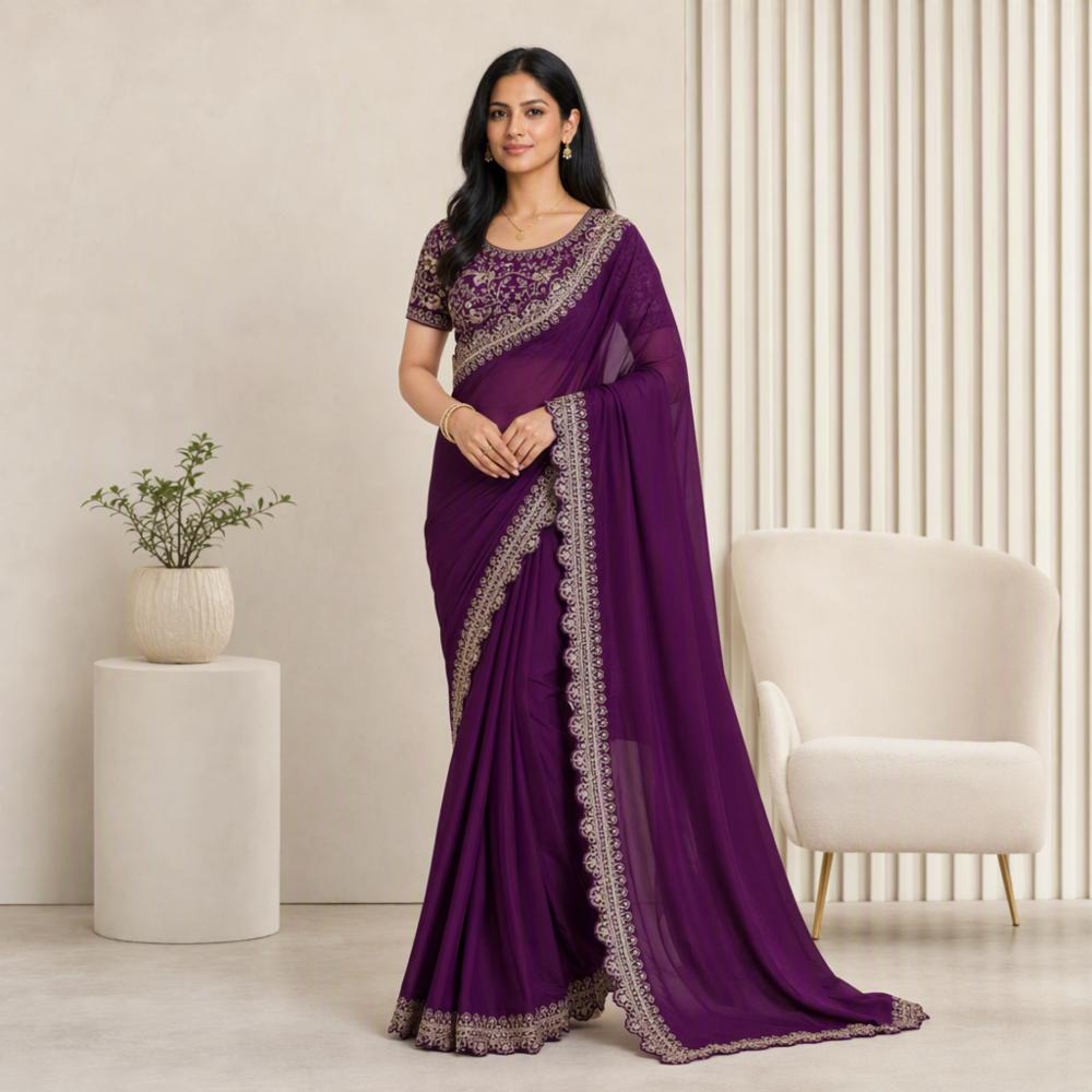 Women's Deep Blue Rangoli Saree with Gold Embroidered Border