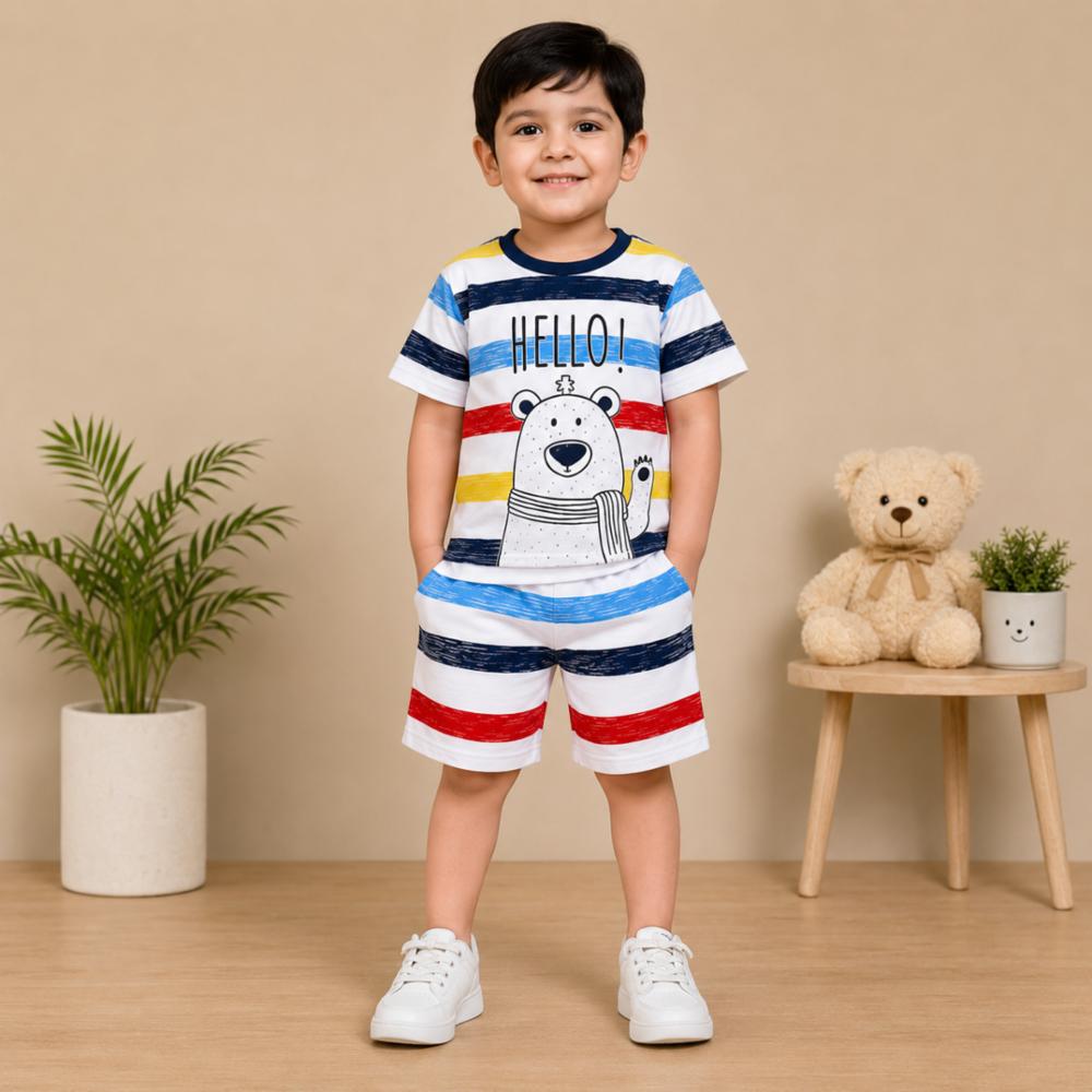 Boys Light Blue Cotton Blend T-shirt and Beige Camouflage Shorts Co-ord Set