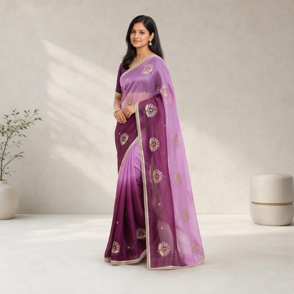 Simmer Fabric Saree With Heavy Embroidery Butta Work And Blouse Piece