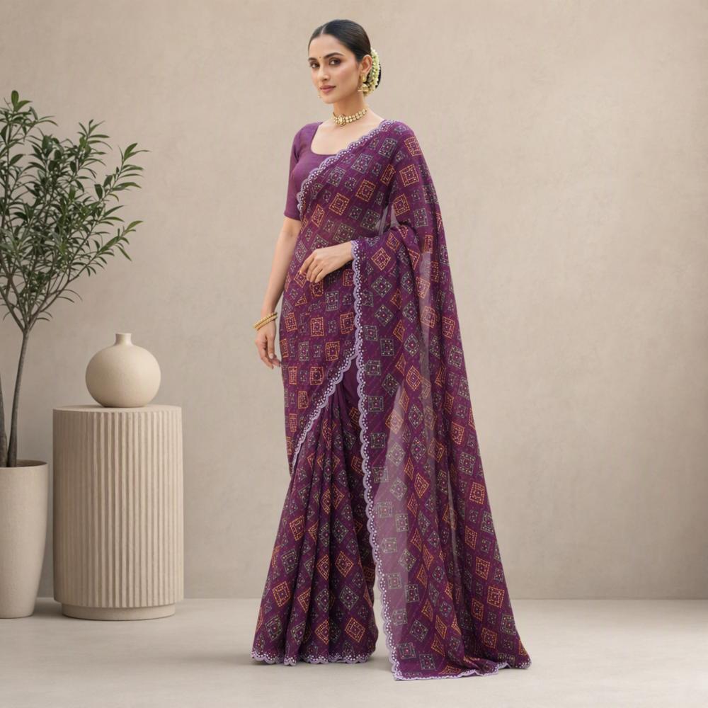 Chiffon Printed Badhani Saree With Unstitched Blouse Piece