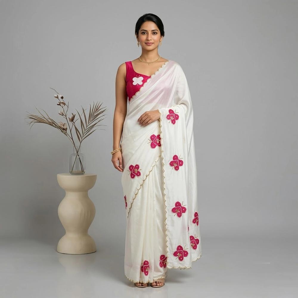 Saree with Cutdana and Moti Handwork, Scallop Border, Mono Silk Blouse