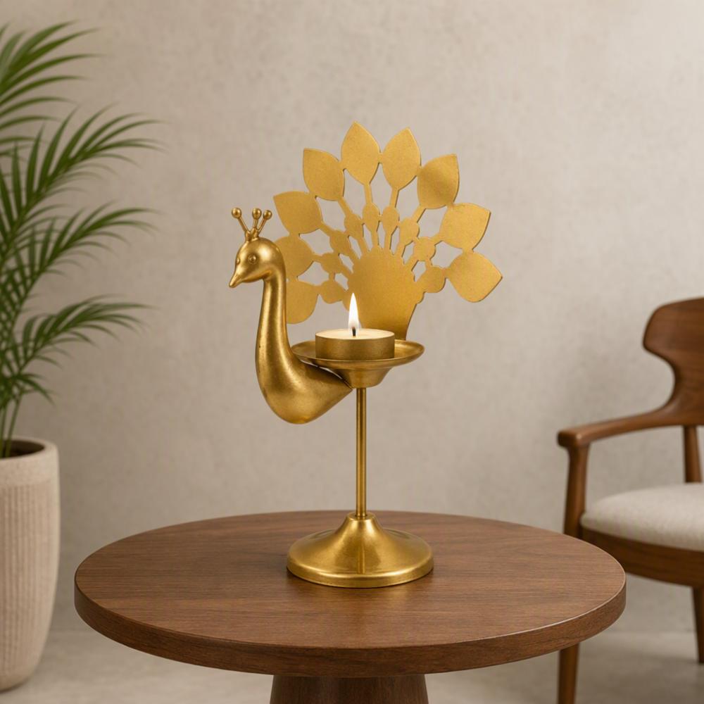 Golden Peacock Candle Holder with Floral Back Design