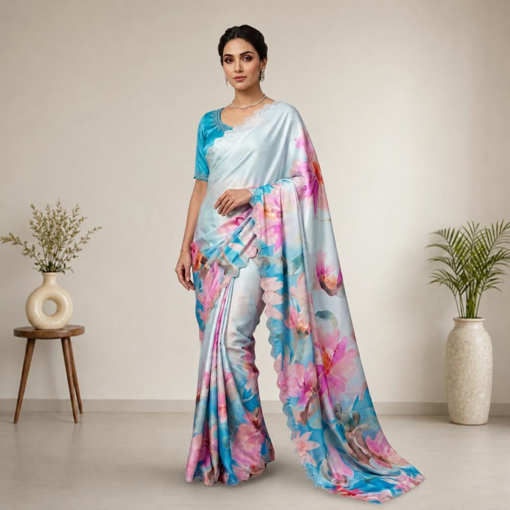 Georgette Satin Blend Saree With Cut Work And Diamond Work Blouse