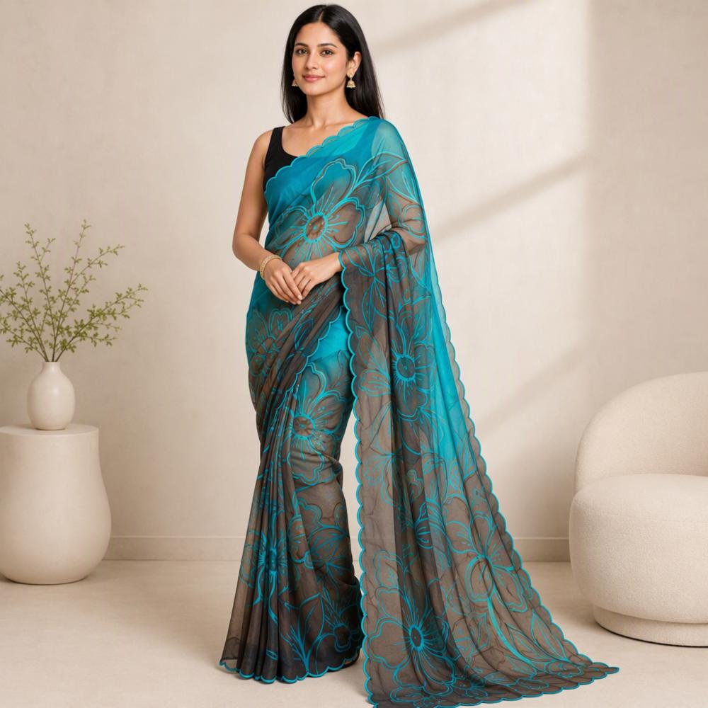 Fancy Space Silk Digital Print Saree with Cut Work Pallu & Contrast Blouse