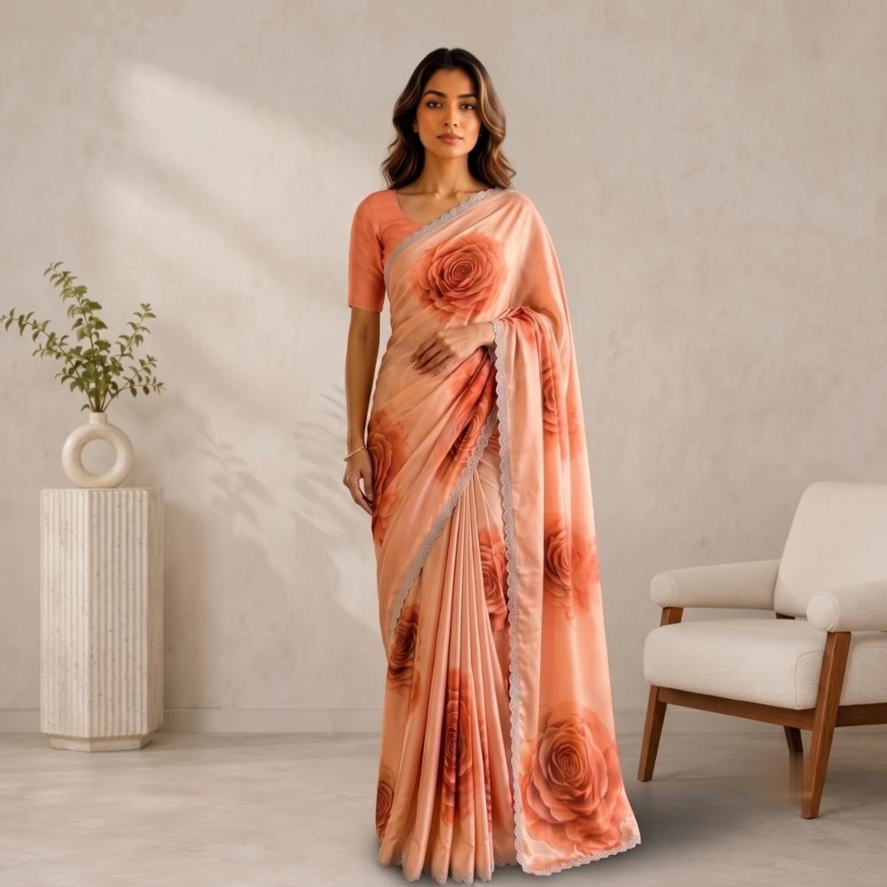 Pure Maheshwari Silk Saree with Cut Work, Diamond Work, Border, and Blouse