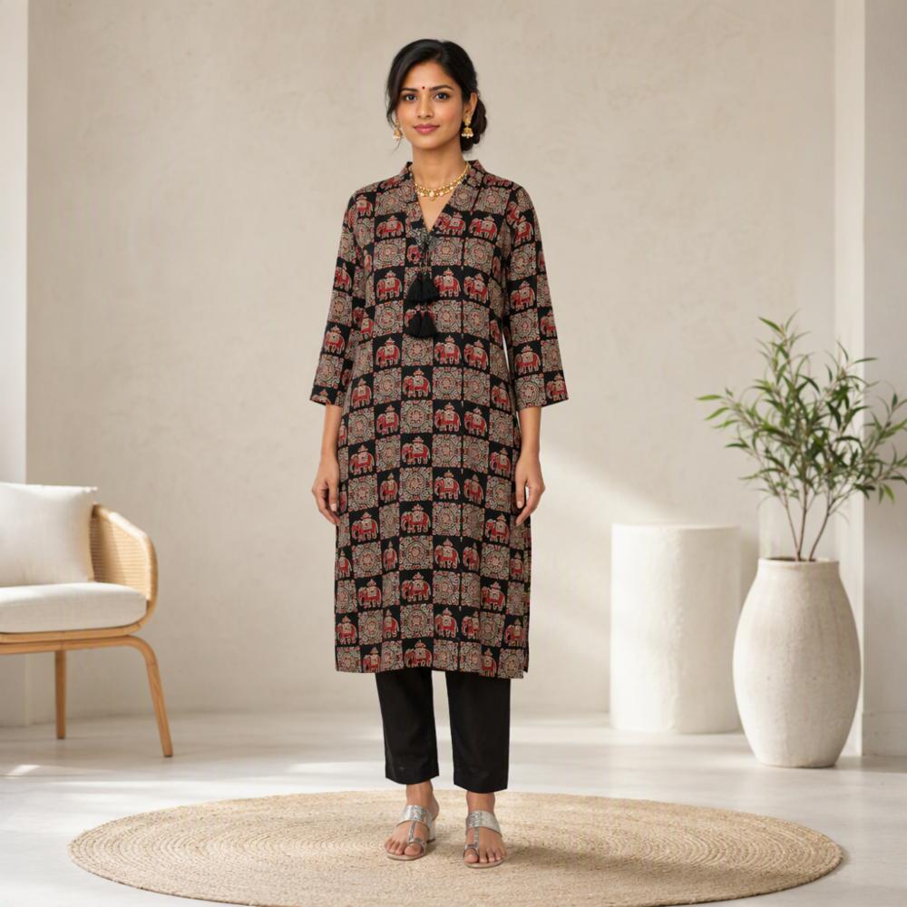 Ajarakh Print Gaji Silk Kurti with Pants Set