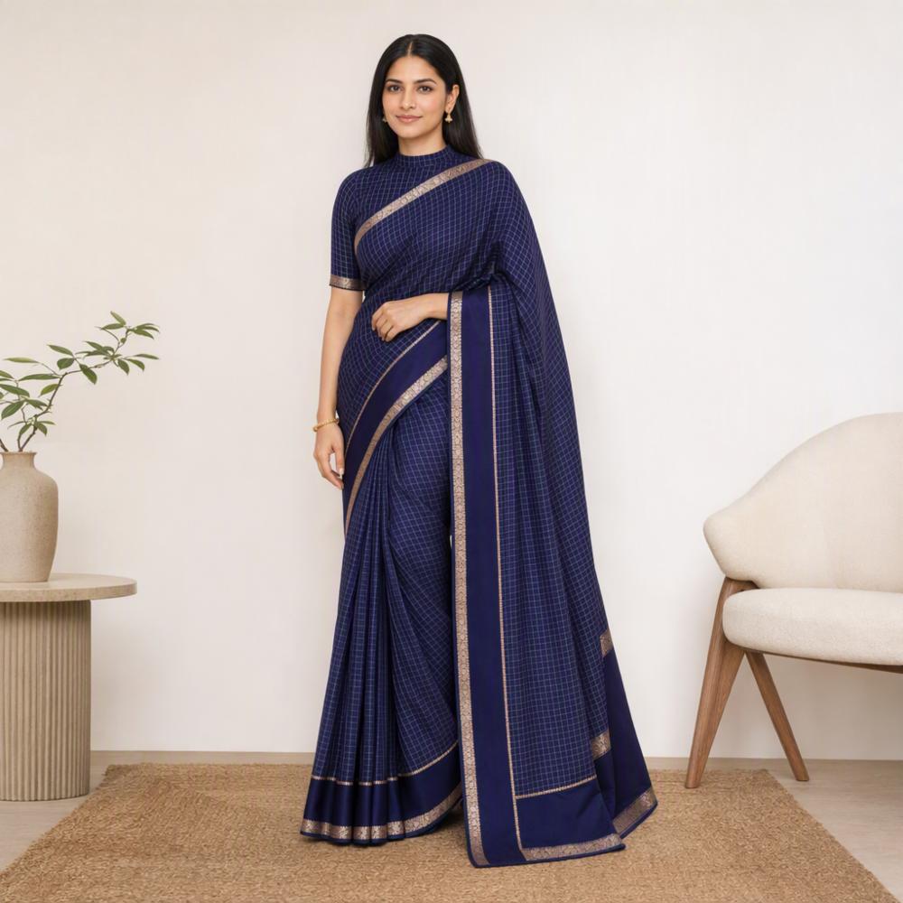 Viscose Checkered Saree with Golden Zari Border