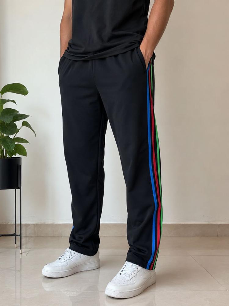 Men\u2019s Black Track Pants with Multicolor Side Stripes