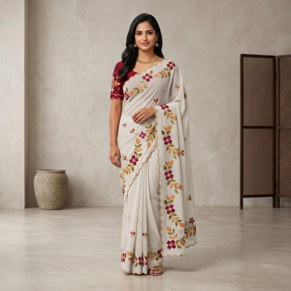 Poly Georgette Embroidery Work Saree with Stone Work and Contrast Blouse