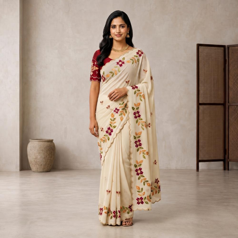 Poly Georgette Embroidery Work Saree with Stone Work and Contrast Blouse