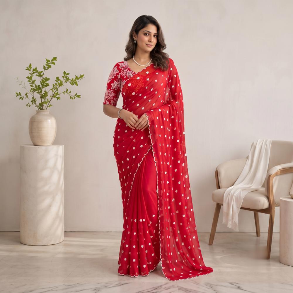 Star Georgette Saree with Thread Work and Scallop Border