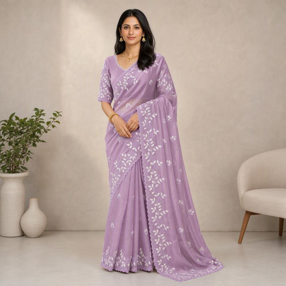 Partywear Shimmer Georgette Saree with White Leaf Thread Work & Scallop Border