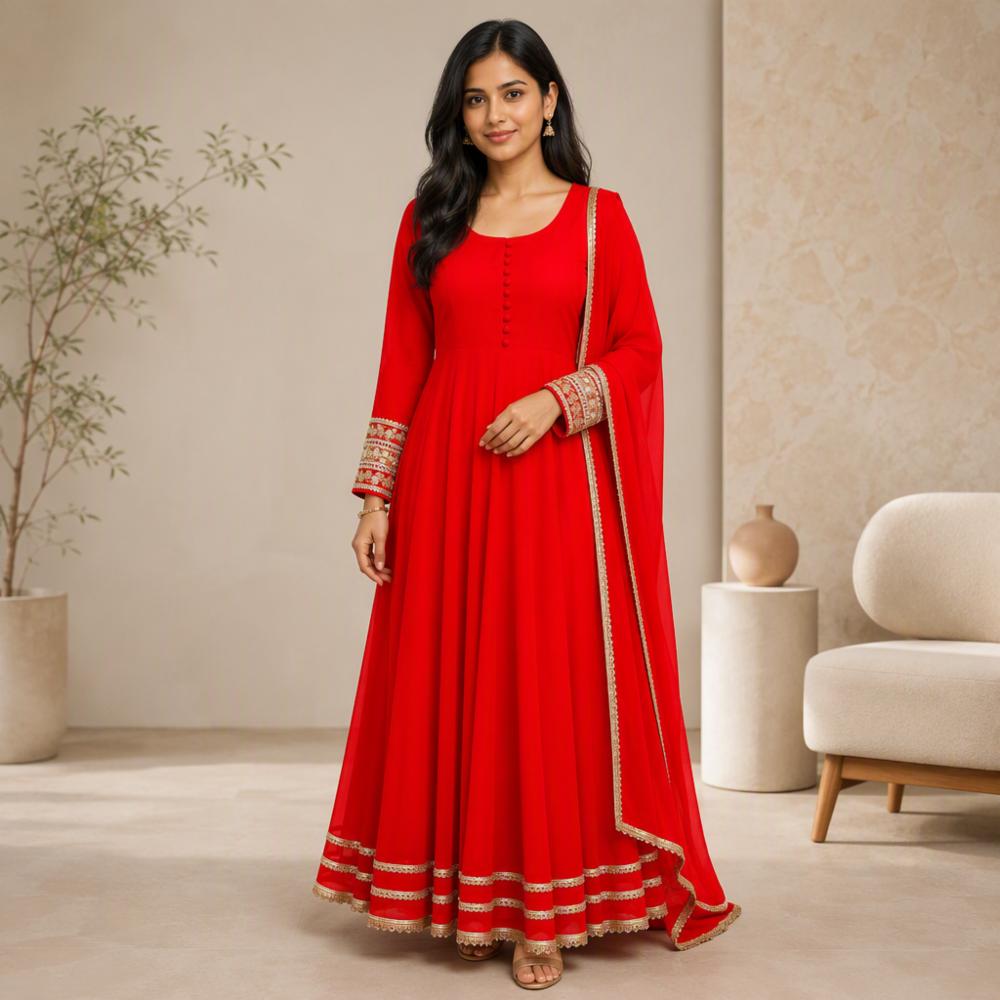 Designer Embroidered Georgette Gown Set with Dupatta and Pant
