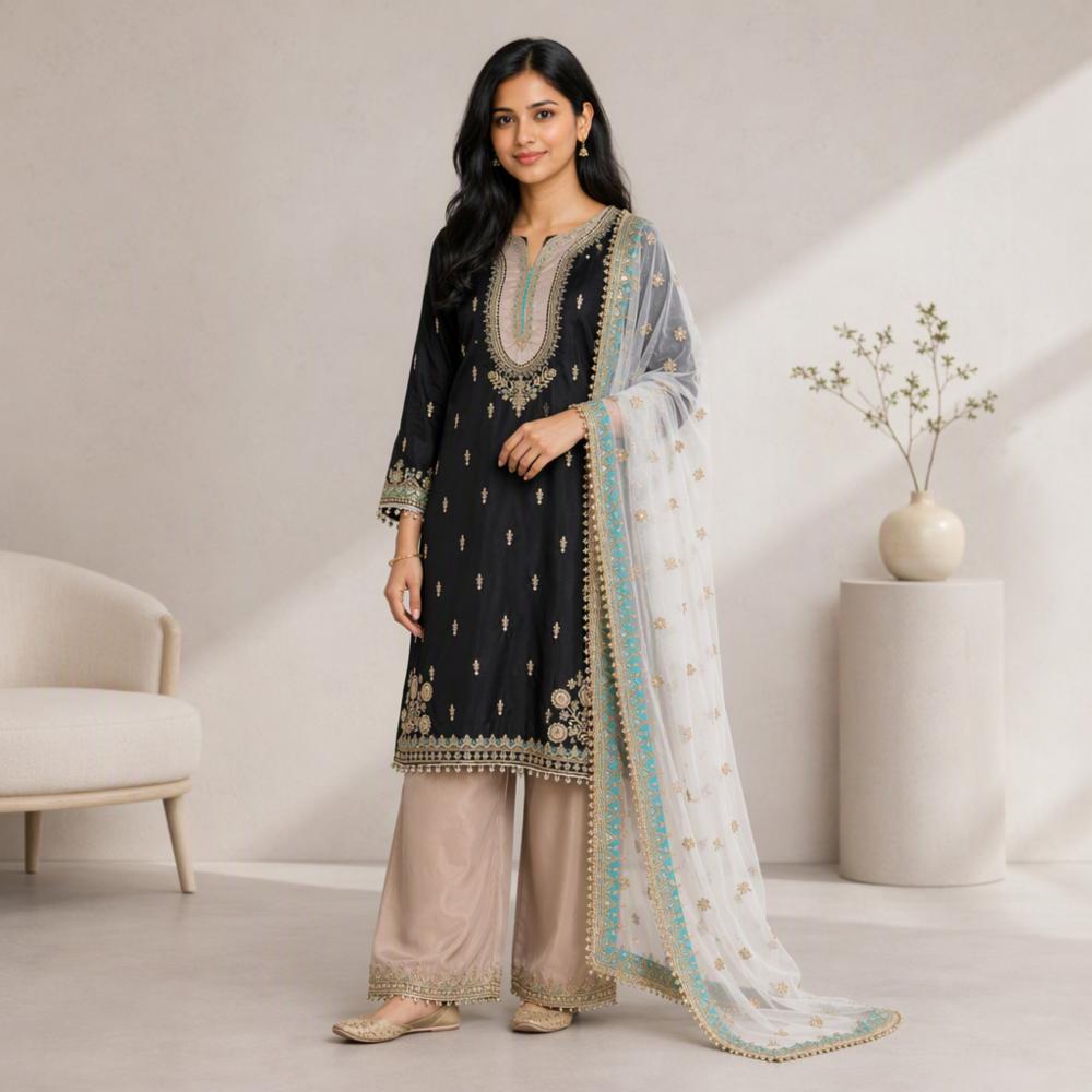 Mahira Khan Inspired Sequin Embroidered Crape Silk Suit Set with Plazzo and Dupatta